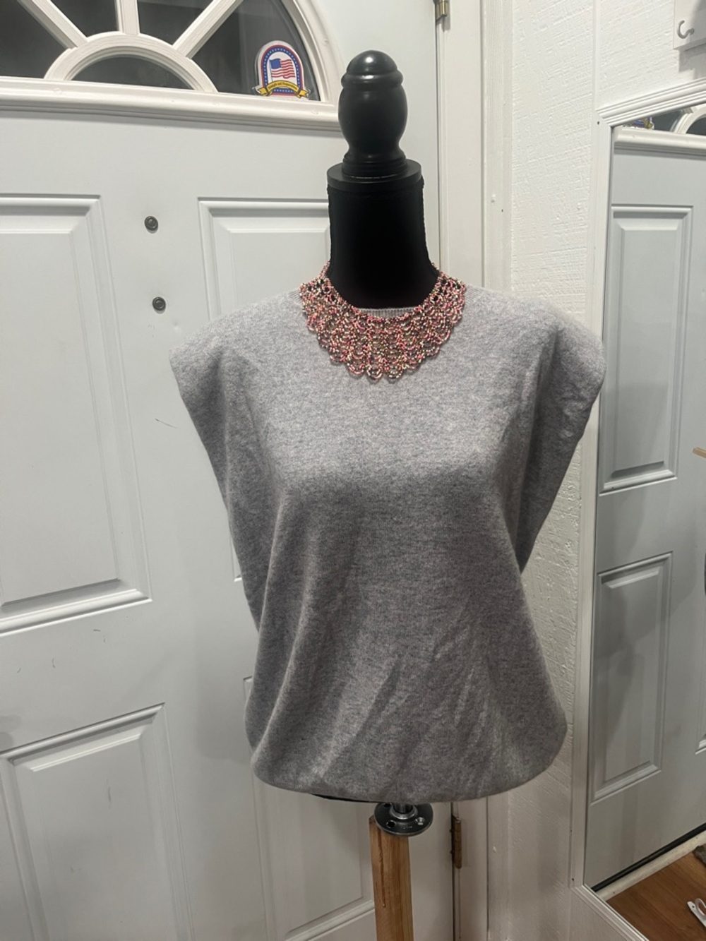 Gray Sleeveless Knit Top with Beaded Collar
